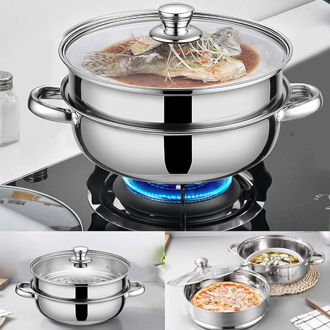 Steamer for Cooking,28cm Steamer Pot with Glass Lid,11 inch Steam Pots with Lid 2-tier for Cooking Veggies Fish Seafood Noodles, Pasta, Food