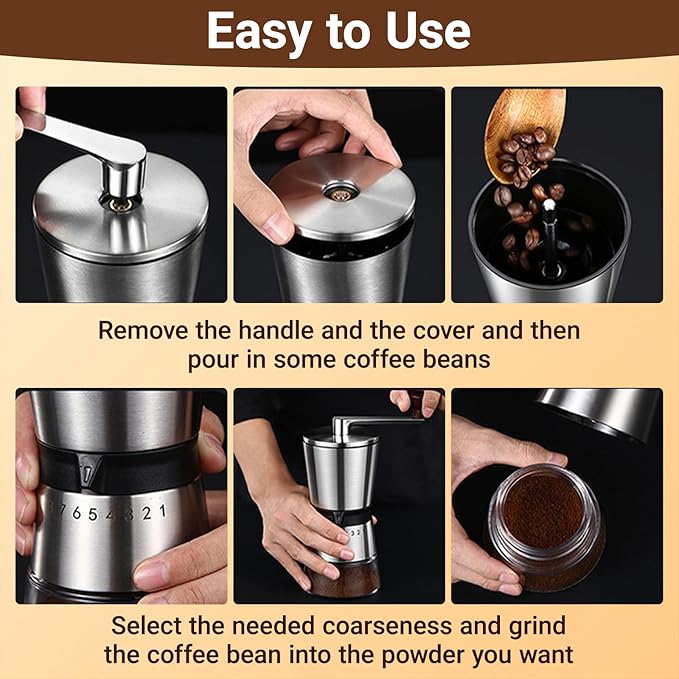 Ceramic Burr Manual Coffee Grinder with 8 Adjustable Coarseness Settings for Cold Brew Espresso Beans French Press Pour Over Drip Stainless Steel Hand Crank Coffee Mill for Home use or Travel Camping