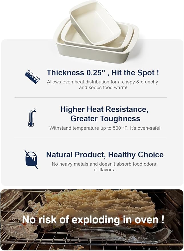 LE TAUCI Deep Casserole Dishes for Oven, 13.7”x9.6” Ceramic Baking Dish Set with Roasting Racks, Large Lasagna Pans with Handles, Rectangular Bakeware as Gift for Mom, Oatmeal Greige (4.6QT/3.0QT/1.6QT), Set of 3