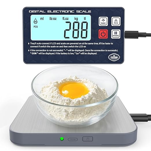 Rechargeable Digital Kitchen Food Scale - Detachable Display Electronic Weight Scale for Bread Making & Coffee Brewing, 304 Stainless Steel Platform, Backlit LCD, Count Mode, Wall-Mount & Tilt Stand