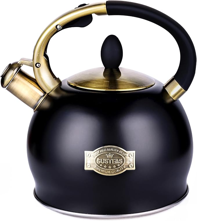 SUSTEAS Stove Top Whistling Tea Kettle - Food Grade Stainless Steel Teakettle Teapot with Cool Touch Ergonomic Handle, With 1 Silicone Pinch Mitt Included, 2.64 Quart(BLACK)
