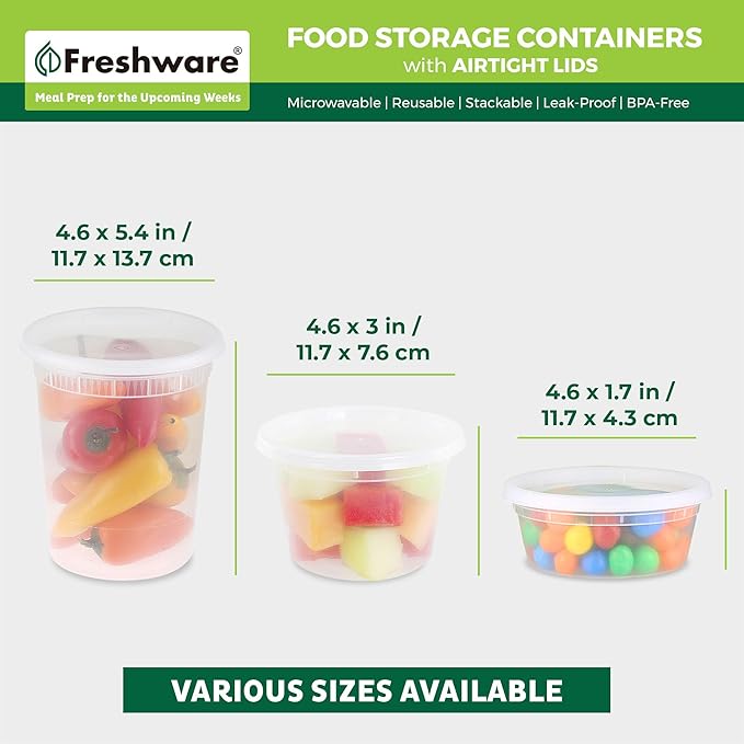 Freshware Food Storage Containers with Lids [60 Pack 8, 16, 32 oz, 20 sets each size] Plastic Deli Containers, Meal Prep Containers, Microwave and Freezer Safe, Stackable, Leakproof, BPA Free, Clear