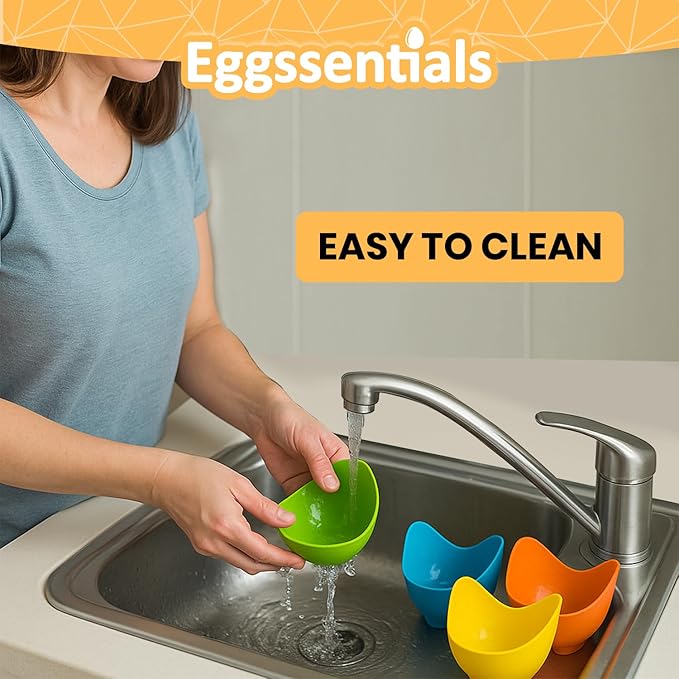 Eggssentials - Poached Egg Cups - Pack of 4 - BPA Free Silicone Egg Poacher Cups - Nonstick Poached Egg Cooker for Microwave, Stovetop, Baking – Easy to Clean Poaching Pods for Perfect Eggs