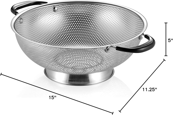 Tiawudi 18/8 Stainless Steel Colander, Easy Grip Micro-Perforated 5-Quart Colander, Strainer with Riveted and Heat Resistant Handles, BPA Free. Great for Pasta, Noodles, Vegetables and Fruits