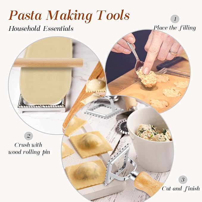 Geetery 5 Pcs Ravioli Mold Set 2 Inch Squares Ravioli Maker Cutter Include 1 Raviolis Maker Press 3 Pasta Cutter Stamp Makers 1 Wood Rolling Pin Pasta Making Tool for Home Kitchen Supplies (12 Holes)