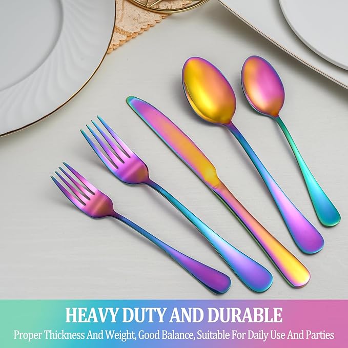 20 Pcs Rainbow Silverware Set Service for 4,Stainless Steel Flatware Serving Sets,Kitchen Tableware Set,Utensil Set for Home and Restaurant,Knives Forks Spoons Set,Mirror Polished,Dishwasher Safe