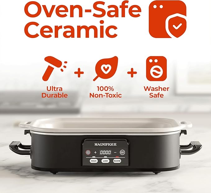 Magnifique 4 Quart Casserole Digital Slow Cooker, Premium Ceramic Bakeware for Oven, Dishwasher Safe Baking Dish,Black