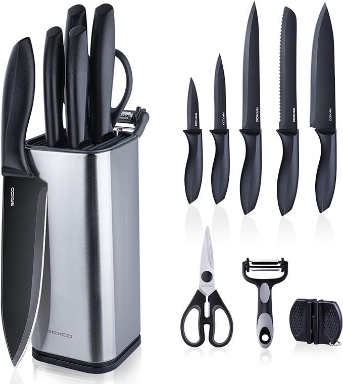 RAXCO Knife Set with Block,10-Piece Kitchen Knives Stainless Steel,Pro-sharpened for Cooking,Slicing,Mincing,Dicing,Black