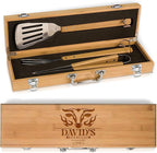 The Flame - Personalized BBQ Tool Set - 3 Utensils + Bamboo Box - BBQ Grilling Accessories - Grill Gifts for Him, Men, Dad, Husband - Smoker Accessories - Grill Utensils Set - Unique Men Birthday Gift