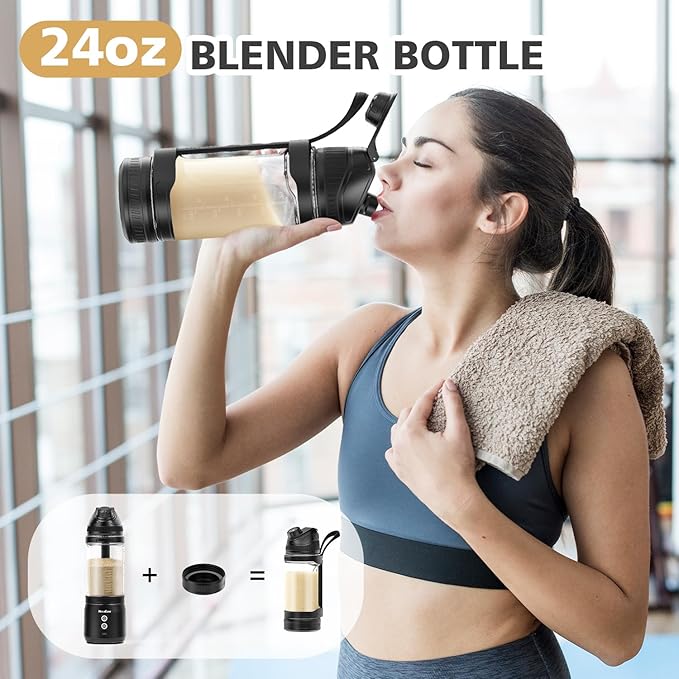 Portable Blender with Insulated Carrying Case & Recipe Book for Shakes and Smoothies, 24 OZ Personal Juicer Electric Protein Shaker Bottle, Mini Small Blender Cup with USB-C Rechargeable, Travel Lid