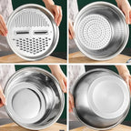 Germany Multifunctional Stainless Steel Basin, 3 in 1 Vegetable Grater Julienne Slicer Stainless Steel Colander, Fruit Slicer for Kitchen Vegetable Slicer Grater Strainer Drain Basket (11.8in, Silver)
