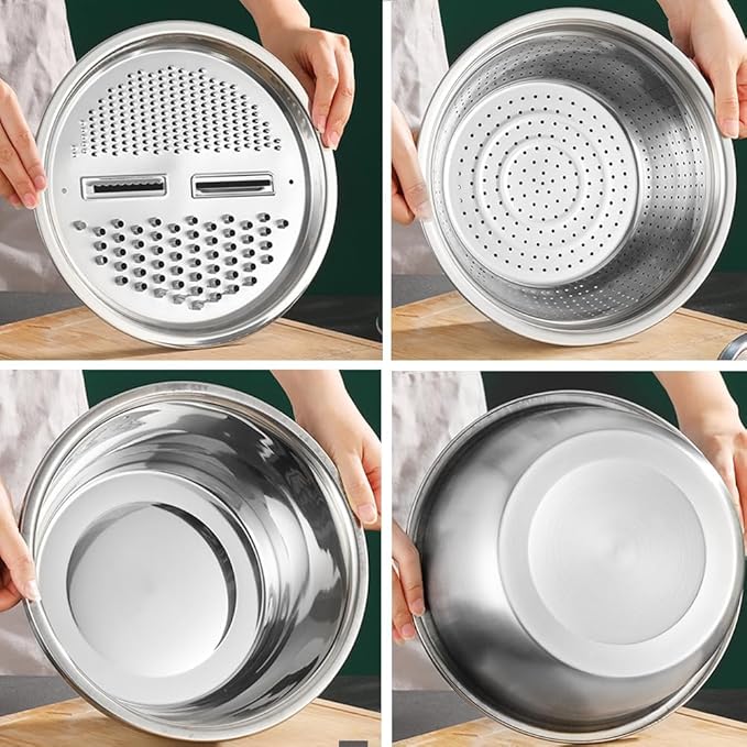 Germany Multifunctional Stainless Steel Basin, 3 in 1 Vegetable Grater Julienne Slicer Stainless Steel Colander, Fruit Slicer for Kitchen Vegetable Slicer Grater Strainer Drain Basket (11in, Silver)
