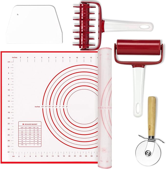 5 pcs Pizza Tool Set Includ Pastry Pizza Roller, Pizza Dough Docker that Time-Saving and Dough Scraper Cutter and Pizza Cutter Wheel and Silicagel Pastry Mat (5 pcs)