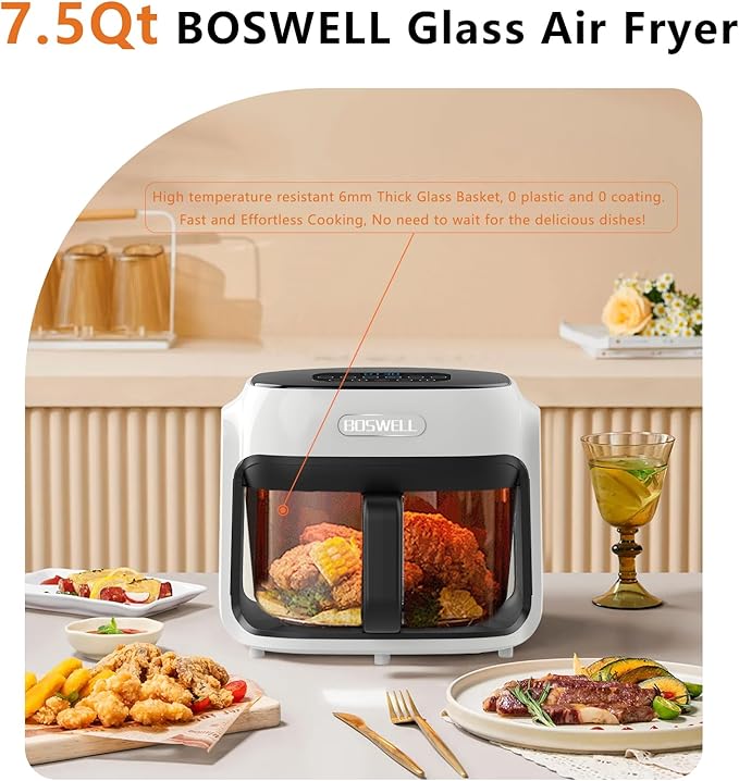 BOSWELL Glass Air Fryer, 7.5QT with Transparent Fry Bowl, Circulating Heating, Temperature Control, Air Fryer Roast, Dishwasher Safe (white)