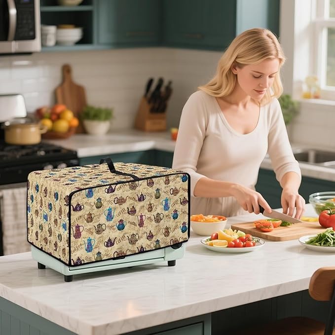 Coffee Kettle Print Toaster Oven Dust Cover, Fingerprint Protectors and Greasy Protection Machine Washable Universal Toaster Oven Protector for Kitchen, (Small-14.5*18.46*9 inches)