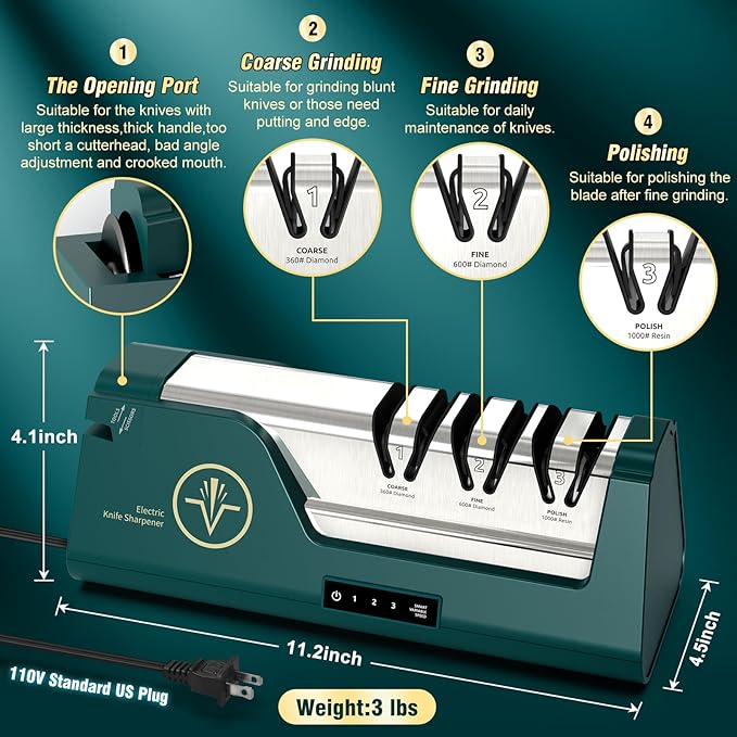Professional Electric Knife Sharpener with 100% Diamond Abrasives & Precision Angle Guides, 3-Speed Variable 4-Stage Open Touch-Screen Knife Sharpener for Straight, Serrated Edges, Scissors & Axes