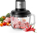 Bear Food Processor, Electric Food Chopper with 8 Cup/2L Handheld Glass Bowls, No-Hole 4 Bi-level Stainless Steel Blades for Easy Cleaning, 2 speed 400W Power Motor Grinder for Meat, and Baby Food