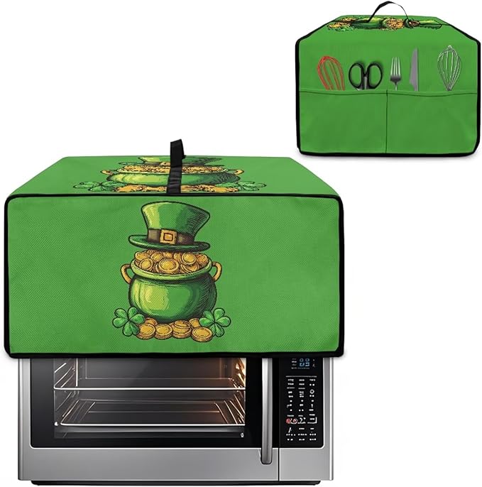 Clover Top Hat Gold Lucky Coin Print Toaster Oven Cover for St. Patrick's Day Decor, Microwave Cover for Kitchen Countertop Appliance Dust Protector Decorative Oven Accessories, Green, M