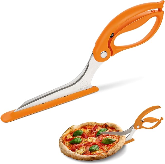 Loftern Orange Pizza Scissors - Non-Stick Pizza Scissors with Firm Grip Base - Food Grade Stainless Steel Pizza Cutter - 5-in-1 Food Slicer & Pizza Server - Durable, Safe & Mess Free