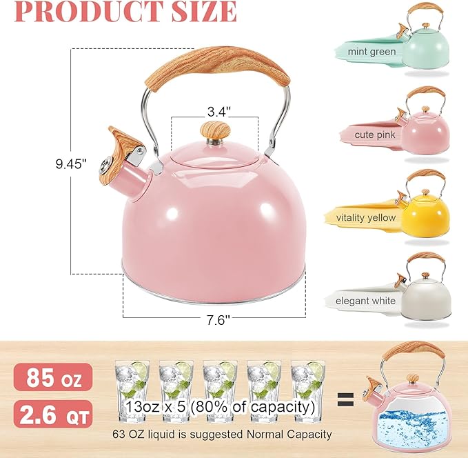 GGC Tea Kettle for Stove Top, 85OZ/2.6QT Whistling Tea Kettles for Boiling Water Milik or Coffee, Pink Stainless Steel Tea Pots with Wood Pattern Folding Handle, Thumb Design Control Kettle Outlet