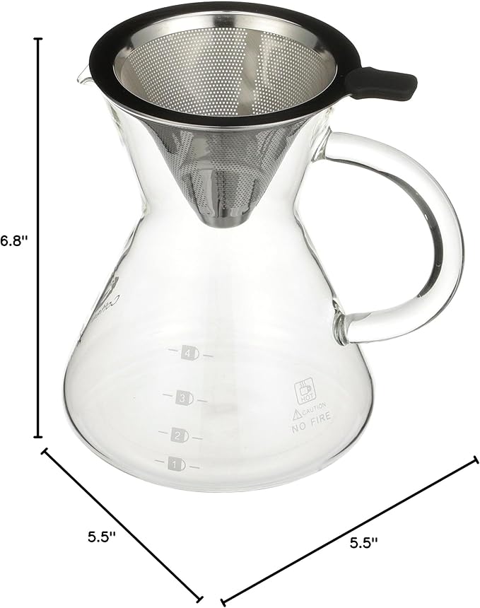 Coffee Gator Pour Over Coffee Maker - 14oz High Heat Borosilicate Glass with Reusable Stainless Steel Filter, Drip Coffee Brewer Pourover Dripper Set Carafe, 400ml Clear