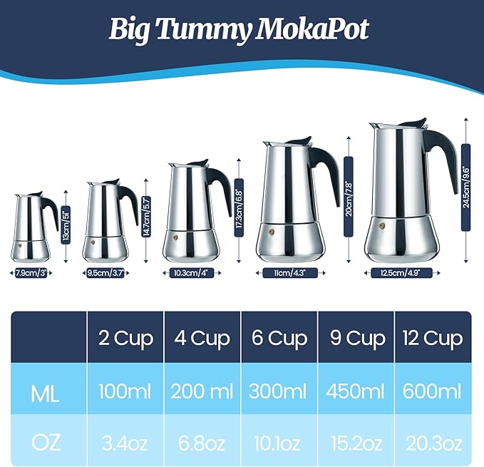 4 Cup Moka Pot Stainless Steel 200ml Italian Espresso Coffee Maker Stovetop CoffeeMakers Mocha Pot Percolator for Induction Stove Classic Cafe Makers Portable for Easy Brewing Tummy