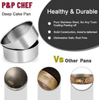 P&P CHEF 8 Inch Cake Pans Set, Round Baking Pan Stainless Steel Layer Birthday Wedding Cake Oven Pans, Non Toxic & Heavy Duty, Deep Side & Mirror Finish, Dishwasher Safe, (2Pcs)