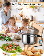 9.5 QT Double Handle KUCCU Stand Mixer, 6 Speed with Pulse Electric Kitchen Mixer, 660W Tilt-Head Food Mixer with Dishwasher-Safe Dough Hook, Flat Beater, Whisk, Splash Guard for home baking (Gold)