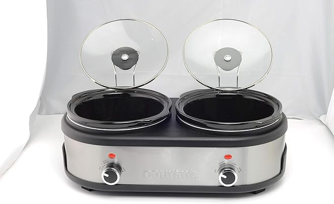 Courant Double Slow Cooker 2.5 Quart Crock each, 5.0 Quart Total Pots, with Individual Easy Cooking Options, Dishwasher Safe Stainproof Stoneware Pots and Glass Lids, Stainless Steel