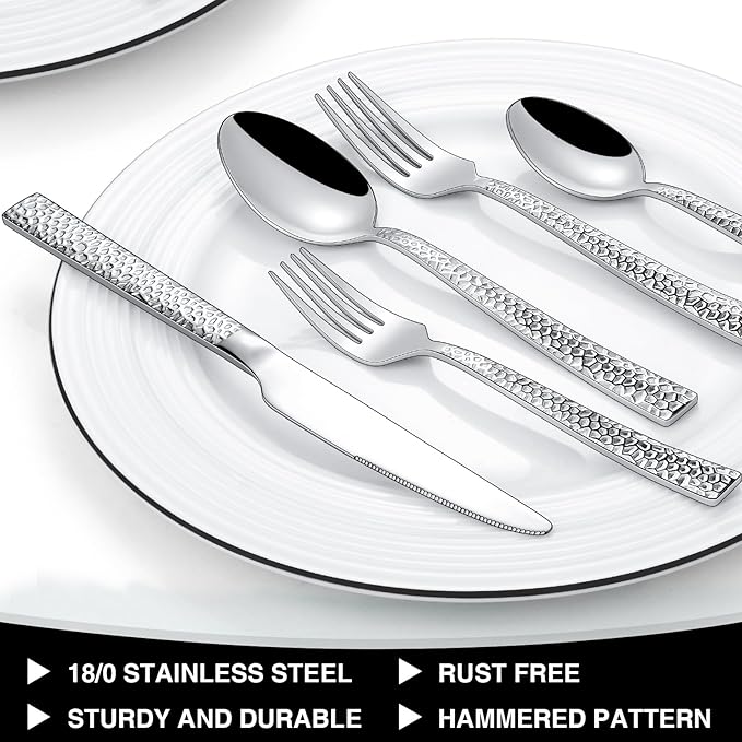 Hammered Silverware Set, 40-Piece Stainless Steel Square Flatware Set for 8, Food-Grade Tableware Cutlery Set, Utensil Sets for Home Restaurant, Mirror Finish, Dishwasher Safe