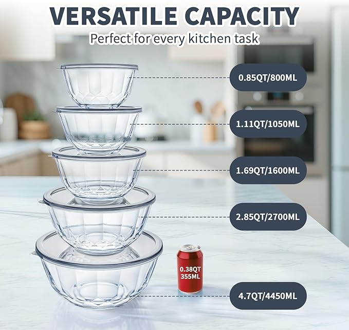 Luvan Glass Mixing Bowls with Lids Set of 5(0.85qt,1.11qt,1.69qt,2.85qt,4.7qt), Large Salad Bowl with Diamond Pattern & Grey Transparent Lids, Kitchen Clear Mixing Bowl for Serving Baking Prep Storage