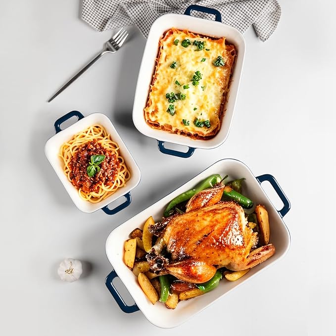 Sweejar Relief Casserole Dishes for Oven, Ceramic 9x13 Baking Pans Set for Cooking, Cake, Banquet and Daily Use, Rectangular Bakeware Set, Porcelain Baking Dish, Lasagna Pan Deep with Handles(Navy)