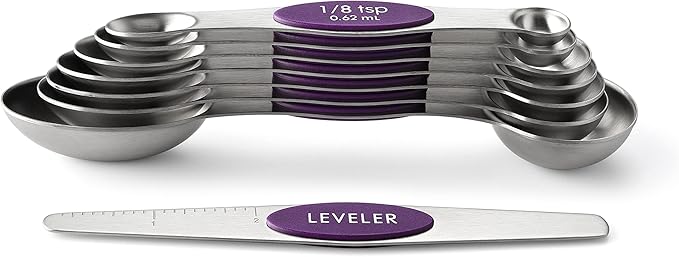 Spring Chef Purple Stainless Steel Magnetic Measuring Spoons Set of 8 with Leveler, Dual Sided Metal Teaspoon & Tablespoon Measuring Spoons, Kitchen Gadgets for Baking & Cooking, Fits in Spice Jars