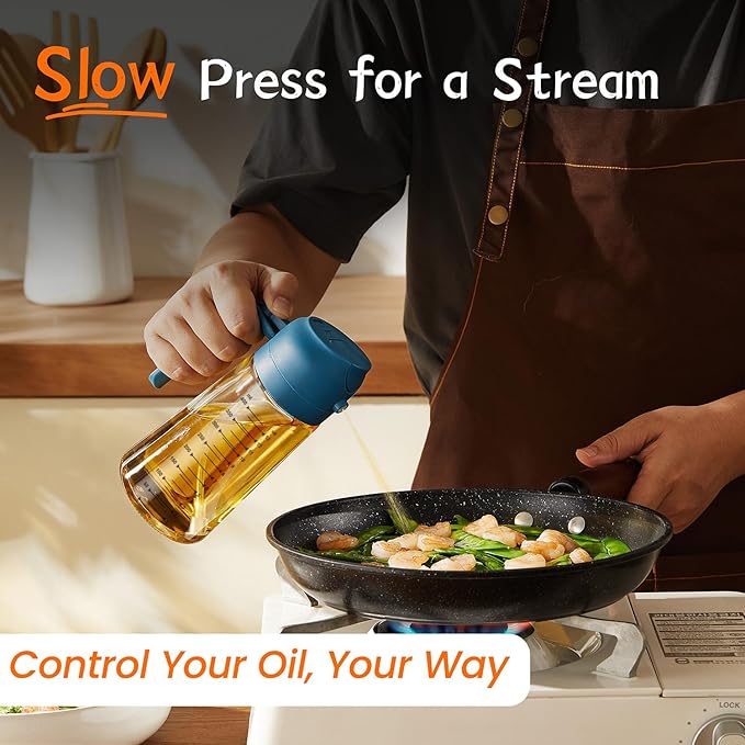 TrendPlain 16oz/470ml Glass Olive Oil Sprayer for Cooking - 2 in 1 Olive Oil Dispenser for Kitchen Gadgets, Air Fryer, Salad, and BBQ - Navy