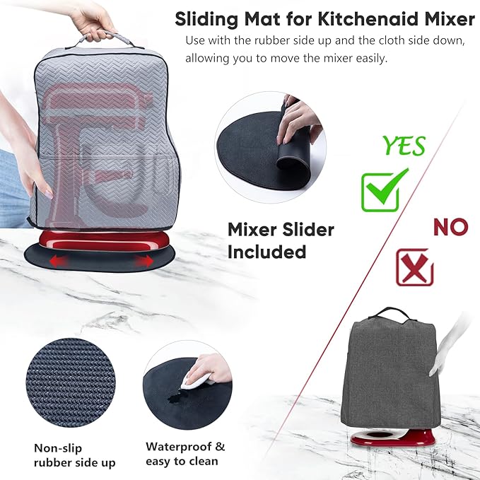 BAGSPRITE Stretchy Stand Mixer Cover with Appliance Slider– Washable Applicance Cover Compatible with KitchenAid Mixer 6/7/8 Quart – Dust Cover with Pockets for KitchenAid Accessories and Attachments
