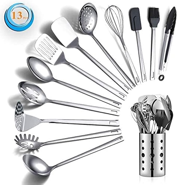 Stainless Steel Cooking Utensils Set, Berglander 13 Pieces Kitchen Utensils Set, Kitchen Tools Set With Utensil Holder Non-Stick And Heat Resistant,Dishwasher Safe, Easy to Clean (13 Packs)
