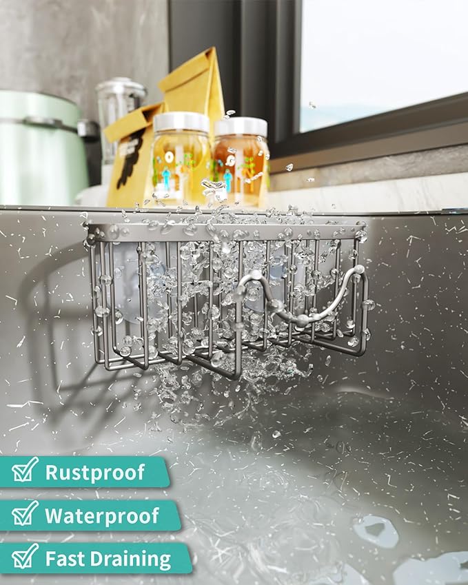 HapiRm Kitchen Sponge Holder for Sink - 2 Installation Methods Kitchen Sink Caddy Organizer with Unique M-Shaped, Rustproof Stainless Steel Sponge Caddy - Brushed Nickel (Large)
