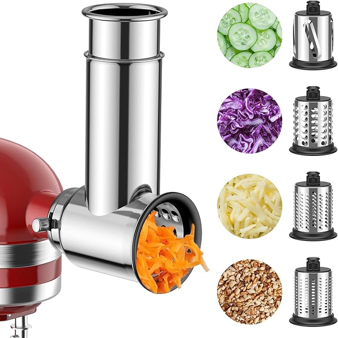 Stainless Steel Slicer Shredder Attachment for Kitchenaid Stnad Mixer, Cheese Grater Attachment for KitchenAid - 4 Blades Salad Maker with Grinding Powder Function by FGREEBLE