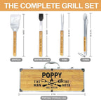 Poppy Gifts from Grandkids Fathers Day, Heavy Duty Wooden BBQ Grilling Accessories Kit for Backyard, Poppy Thick Stainless Steel Grill Utensils with Non-Slip Handle Tools in Portable Bag Birthday