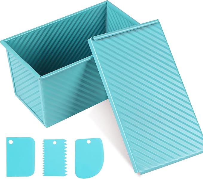 Blue Pullman Loaf Pan with Lid, Sandwich Bread Pullman Loaf Pan, 1LB Dough Capacity Rectangular Bread Pan, Non-Stick Loaf Pan with Dough Scraper Cutter for Sandwich Bread