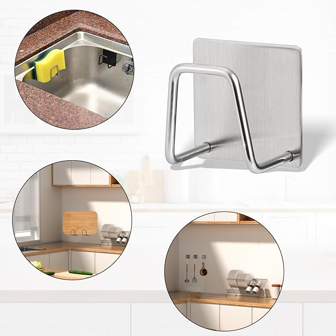 2-Pack Stainless Steel Sponge Holder for Kitchen Sink - Rustproof Brushed SUS304 Sponge Caddy Organizer, Wall/Surface Mount, Drainage Design, Clutter-Free Storage