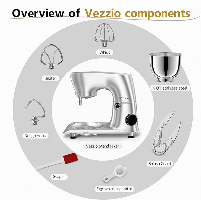 Vezzio Stand Mixer,6 Quarts,10-Speed Tilt-Head,Kitchen Food Mixer with Stainless Steel Bowl,Dough Hook,Whisk, Beater,Egg White Separator (Silver)
