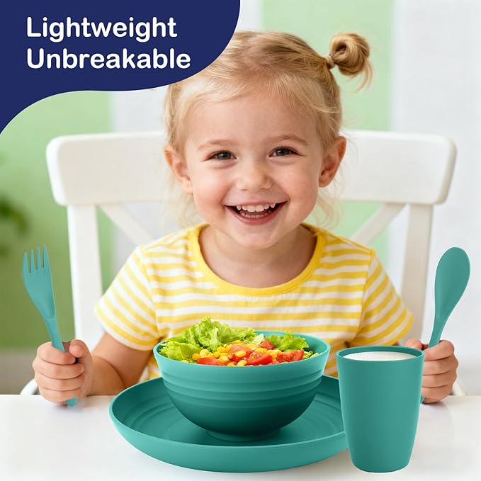 Wheat Straw Dinnerware Sets for 4, 20 PCS Unbreakable Lightweight Kids Plates and Bowls Sets, Dishwasher Microwave Safe Dinnerware Set, Perfect for Kitchen Dorm Camping Outdoor - Green