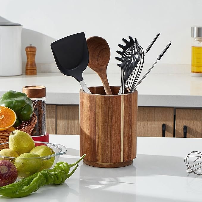 Acacia Wood Utensil Holder for Kitchen Counter, 360° Rotating 7.2" Wooden Cooking Utensil Crock for Countertop, Farmhouse Kitchen Decor