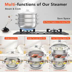 3-Tier Stainless Steel Steamer Pot, Large Capacity Food Steamer for Stove, Multi-Layer Stackable Cooking Steam Pot Kitchen Cookware with Glass Lid for Induction/Gas/Electric Stoves (12.8 Inch)
