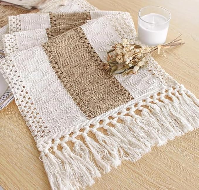 Fexia Boho Table Runner for Christmas Thanksgiving Home Decor with Tassels 90 Inch Cream & Brown Macrame Runner for Dining & Bedroom Baby Bridal Shower Decor(12x90 Inches)