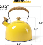 LONFFERY Tea Kettle, 2.5 Quart Whistling Tea Kettle, Tea Pots for Stove Top Food Grade Stainless Steel with Wood Pattern Folding Handle - Yellow