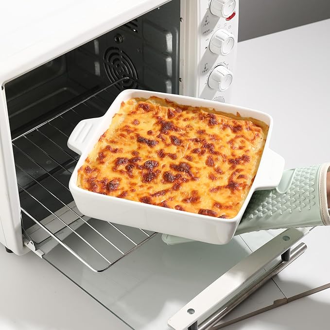 Sweejar Ceramic Baking Dish, 9 x 9 Cake Baking Pan for Brownie, Porcelain Square Bakeware with Double Handle for Casserole, Lasagna, Family Dinner (White)
