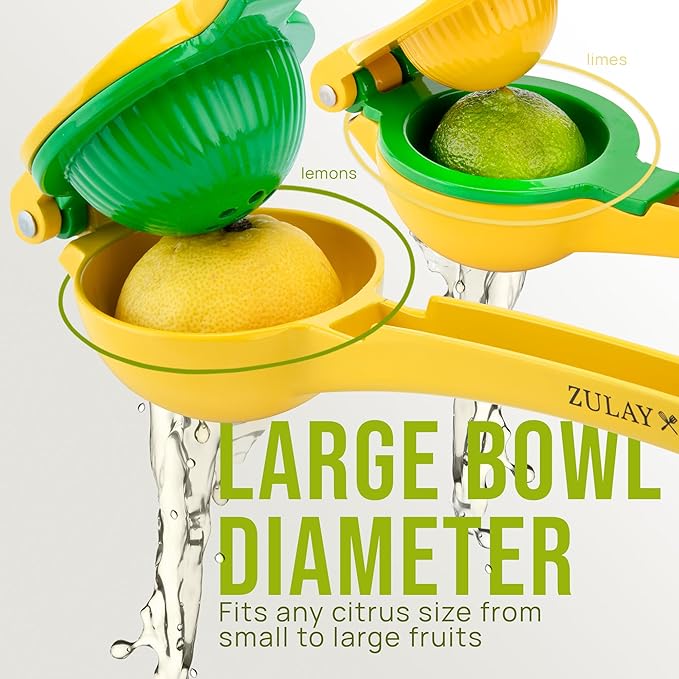 Zulay Kitchen Metal 2-in-1 Lemon Squeezer - Sturdy Max Extraction Hand Juicer Lemon Squeezer Gets Every Last Drop - Easy to Clean Manual Citrus Juicer - Easy-Use Lemon Juicer Squeezer - Yellow/Green