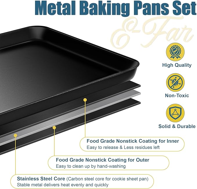 E-far 6-Piece Bakeware Sets, Nonstick Stainless Steel Baking Pans Set - 8x8 Square/Round Cake Pan/Muffin/Loaf Pan/Roasting Tray/Cookie Sheet - for Kitchen Oven Cooking Lasagna Brownie Casserole, Black